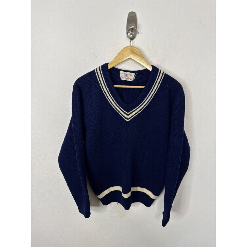 Vintage Charles Wolf Oslo Norway V Neck‎ Knit Sweater Men 52 M Wool Blue College
